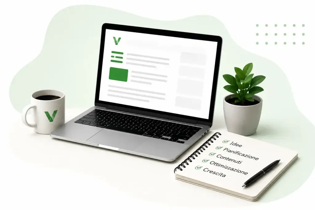 Workspace minimal con laptop, taccuino e strumenti digitali dedicati a tutorial WordPress, SEO e crescita online su Vidalab