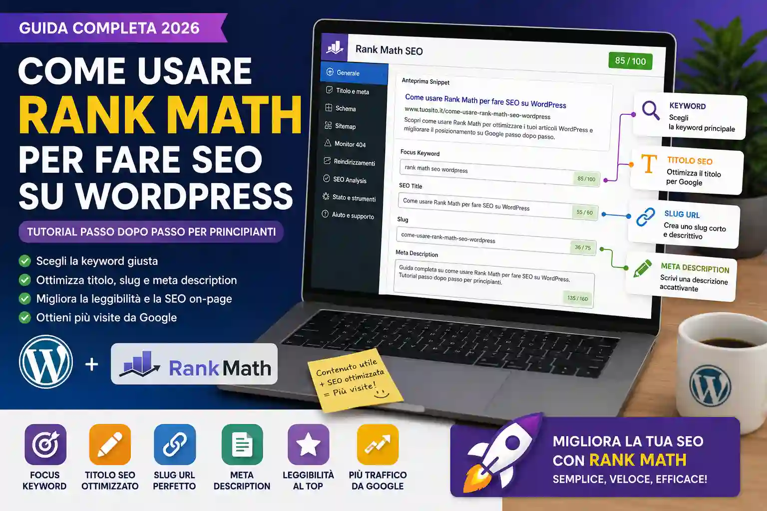 Tutorial pratico su Rank Math per WordPress con focus keyword, titolo SEO, slug URL e meta description ottimizzati per Google.