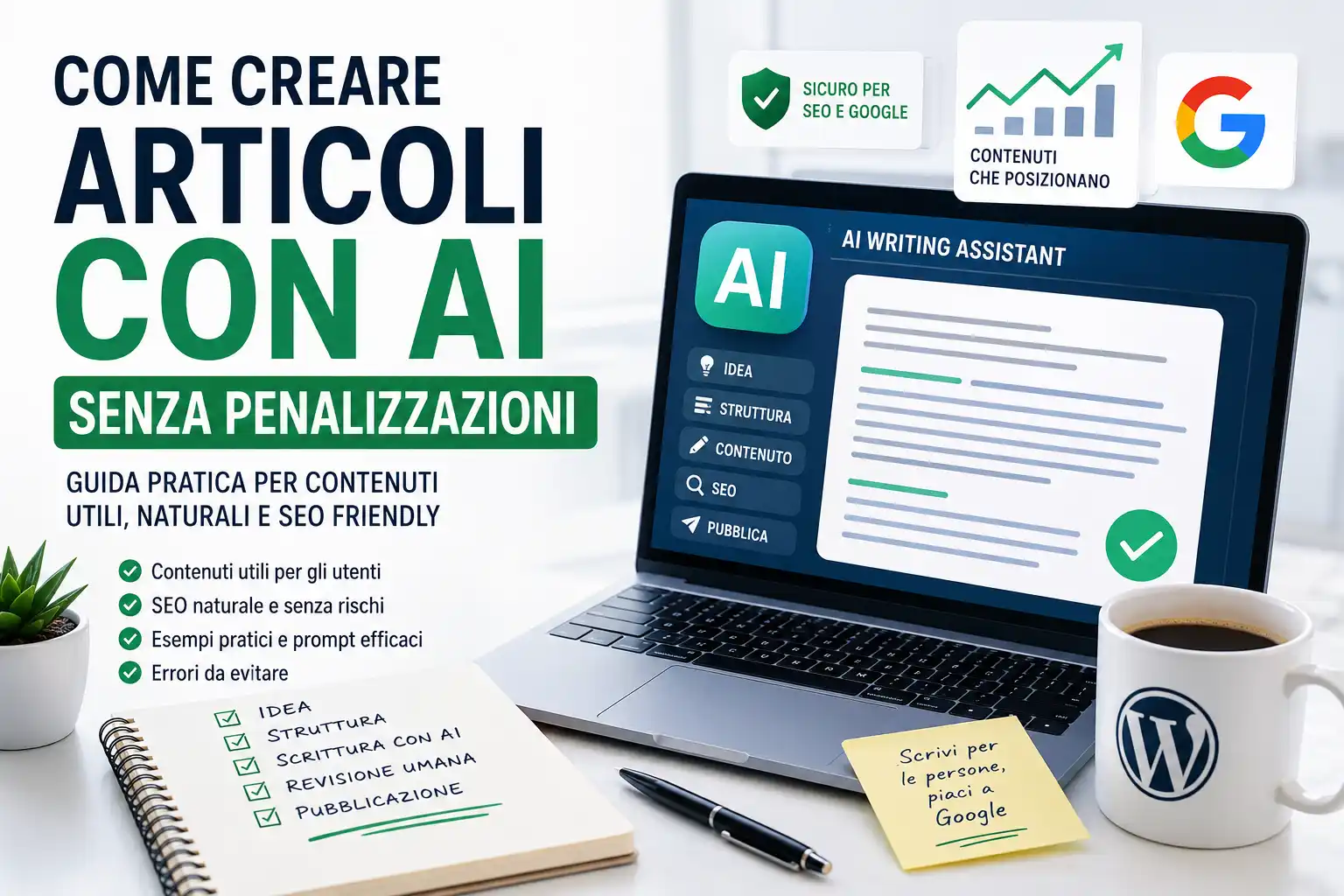 Laptop con assistente AI per scrivere articoli SEO senza penalizzazioni Google e guida pratica per creare contenuti ottimizzati