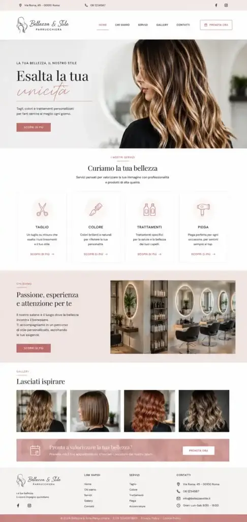 Home page moderna per sito parrucchiera realizzata in WordPress con HTML e CSS responsive
