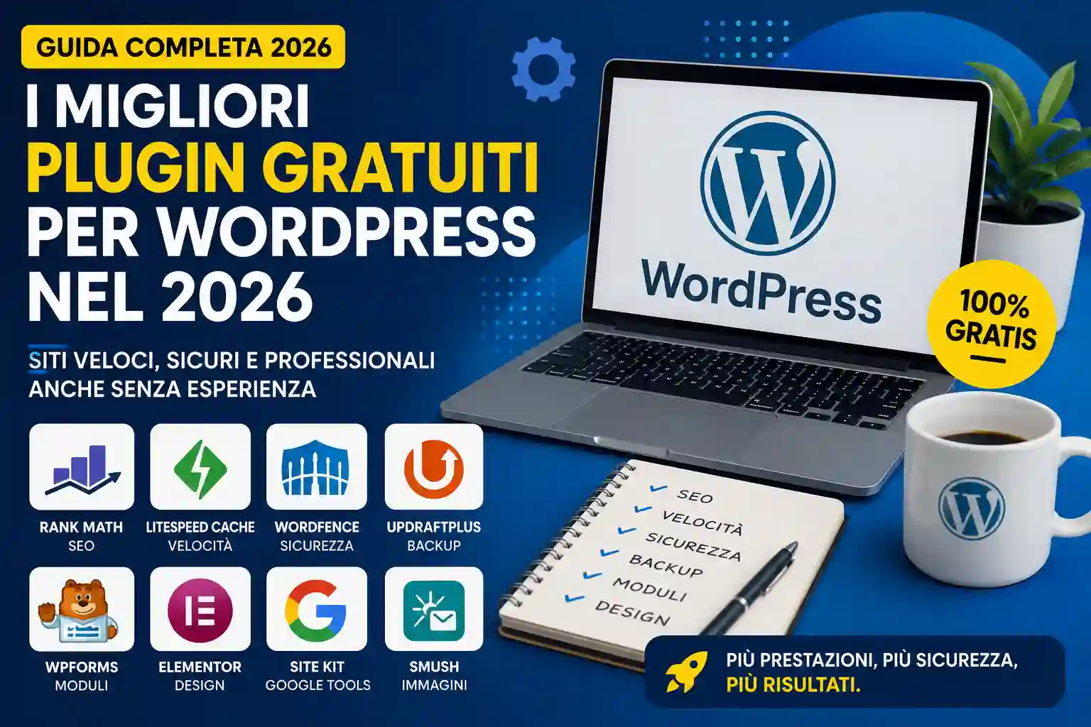 Guida ai migliori plugin gratuiti per WordPress nel 2026 con strumenti SEO, cache, sicurezza, backup ed Elementor per creare un sito veloce e professionale.