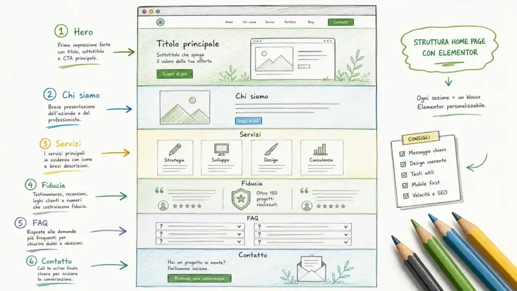 Schema della home page realizzata con Elementor usando blocchi per hero, servizi, FAQ e contatti