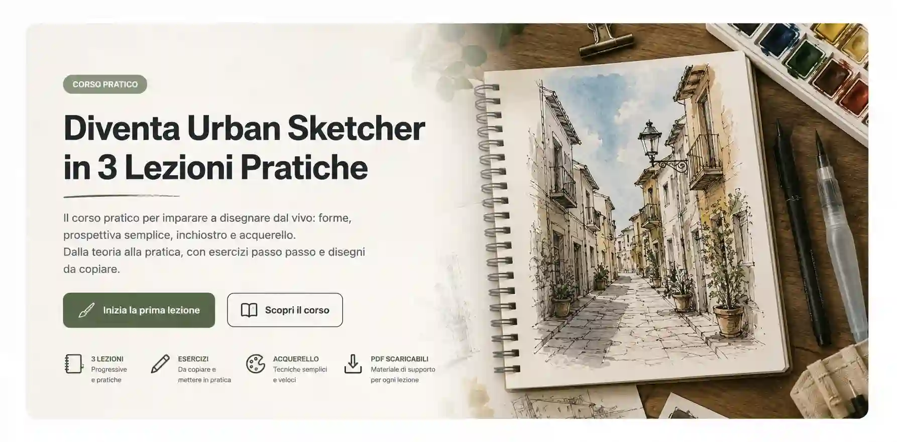 corso urban sketching con sketchbook, acquerelli e disegno di un vicolo italiano realizzato a inchiostro e acquerello.