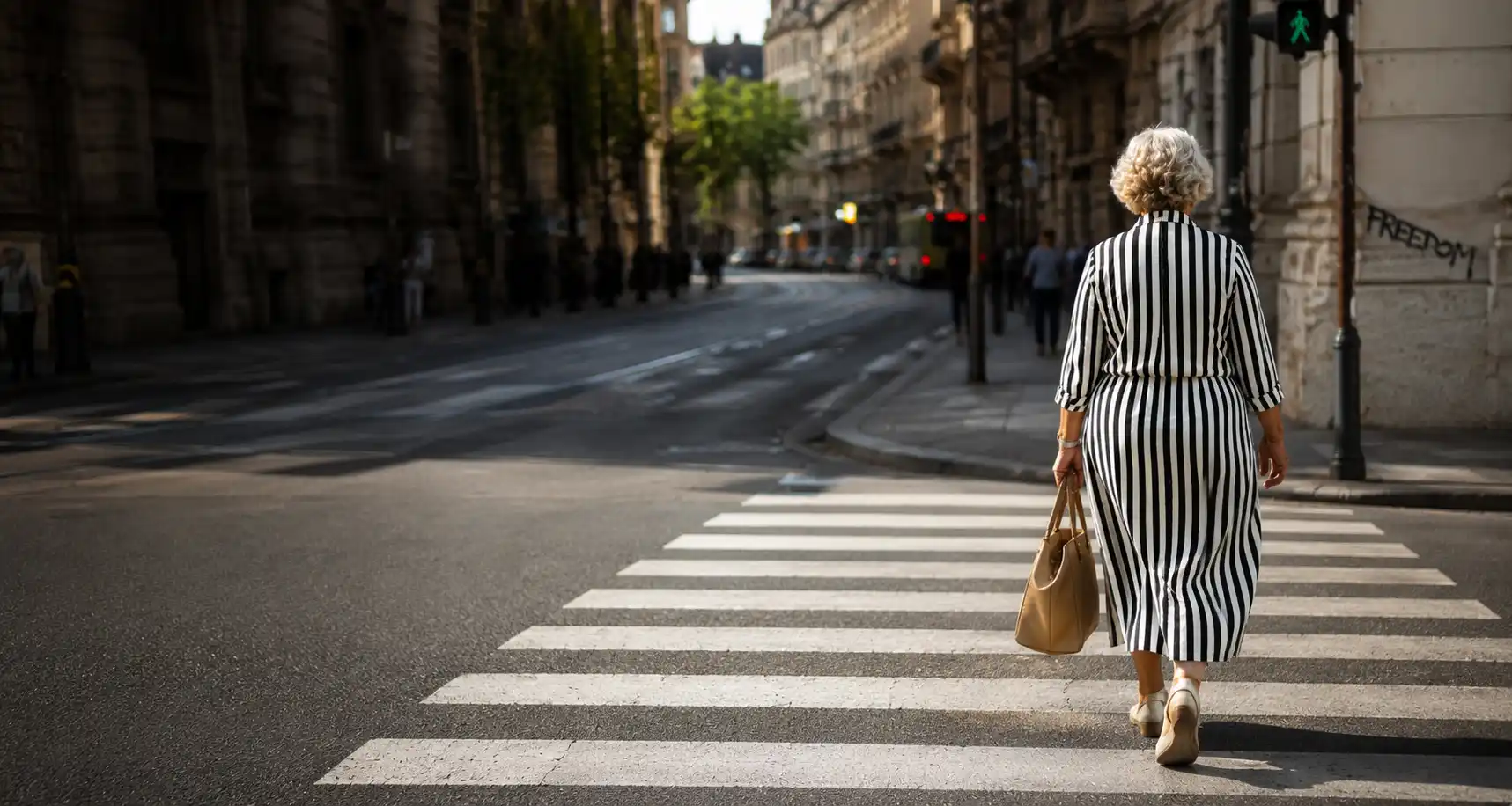 Donna con abito a righe attraversa le strisce pedonali in una scena di street photography che evidenzia il contrasto tra linee, luce e composizione urbana.